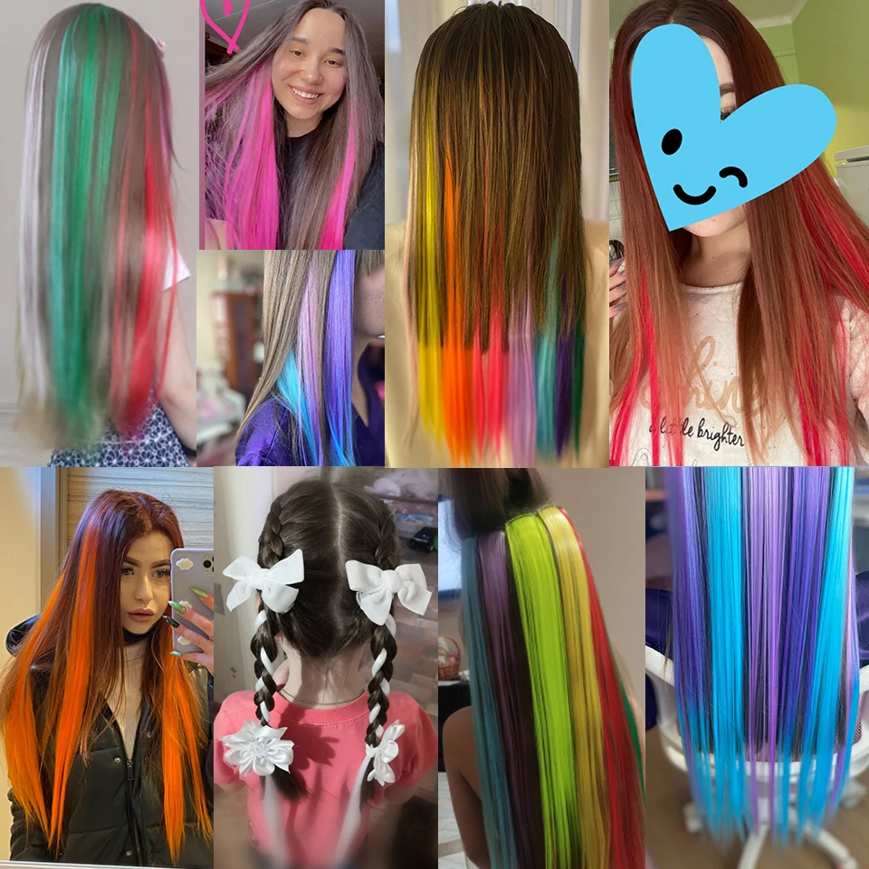 女性用ヘアエクステンション,人工色,レインボーカラー,ロングピース,22インチ,ストレート