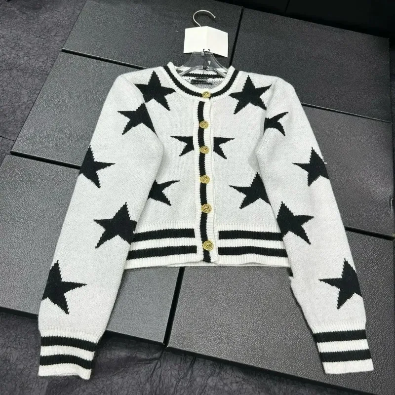 

Korean Fashion Jacquard Knitted Cardigan Women Spring Metal Buttons Cashmere Sweater Jacket Lady Casual Stripe Loose Coat