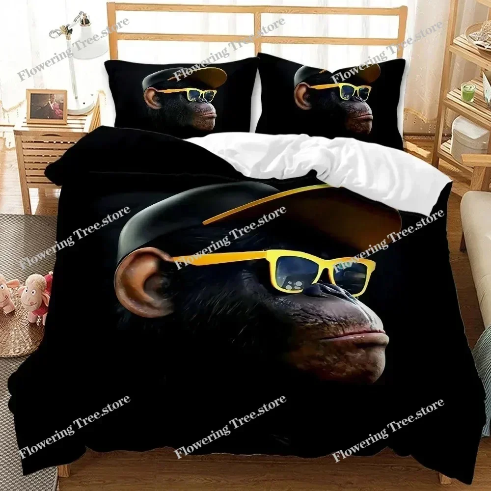 Monkey Duvet Cover Gorilla Head Bedding Set Boys Teens Red Hat Comforter Cover Wild Animal Polyester Quilt Cover Queen Full Size