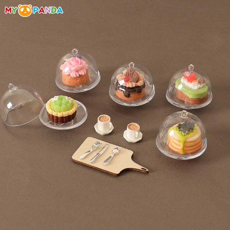 1/12 Dollhouse Simulation Coffee Cake Dessert Set Mini Kitchen Tray Tableware Model DIY Dollhouse Scene Decor Pretend Play Toys