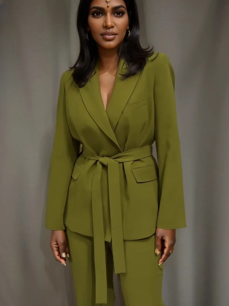 

Women Lace-up Loose Blazer Pants Suit Lapel Long Sleeve Pocket Jacket High Waist Straight Pants Spring Summer New 2-piece Suit