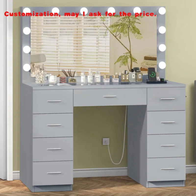 custom.Bedroom Makeup Table Modern Woman Dressing Table With Lighted Mirror 3 Color Lighting Modes Brightness Adjustable
