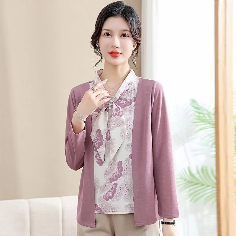 Scarf-neck Women's Printed Spliced Socket Long-sleeved Chiffon Casual Elegant Top