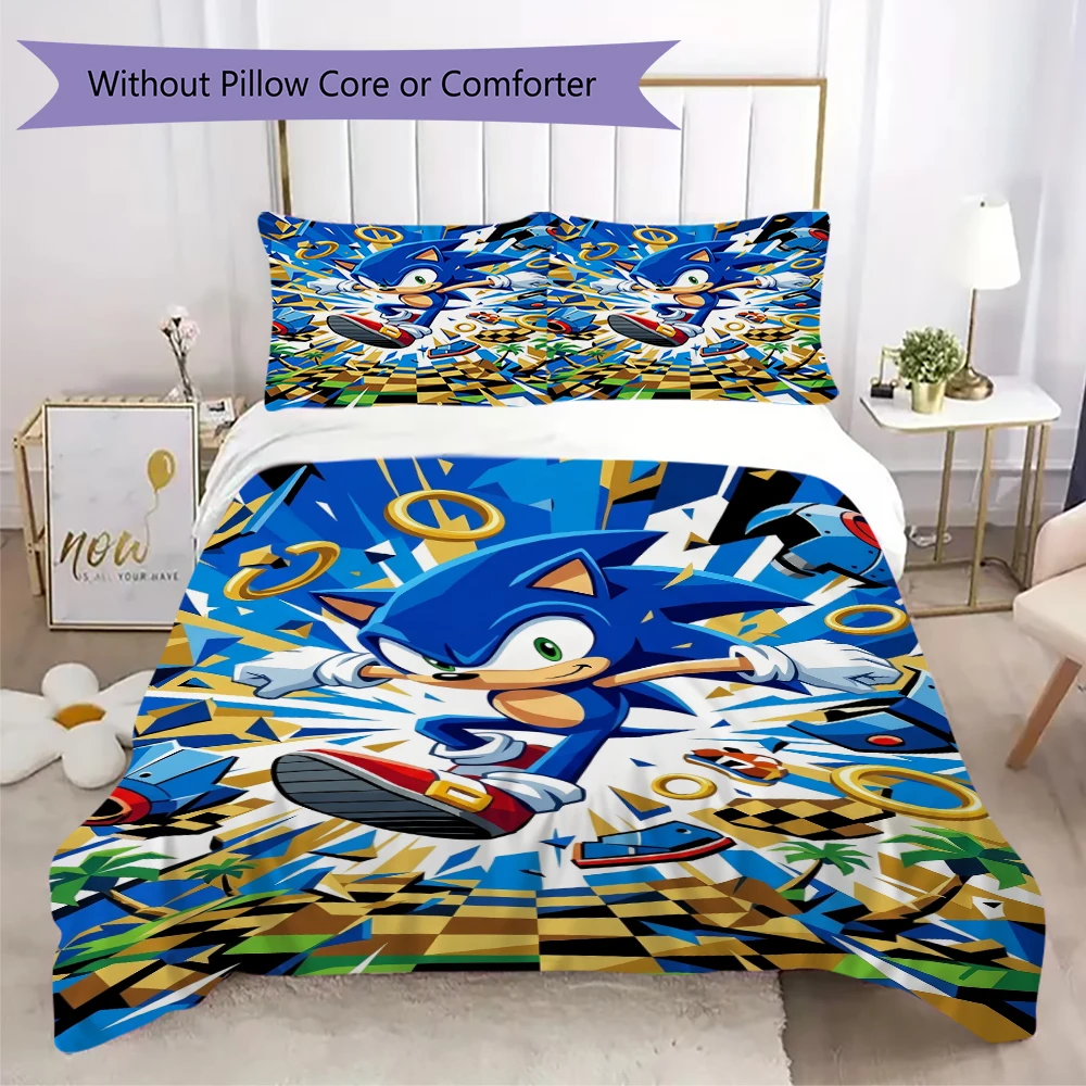 Sonic Print Pillowcase & Duvet Cover Set Anime Bedding for Room Decor Special Gift for Sonic the Hedgehog Fans.-Xin