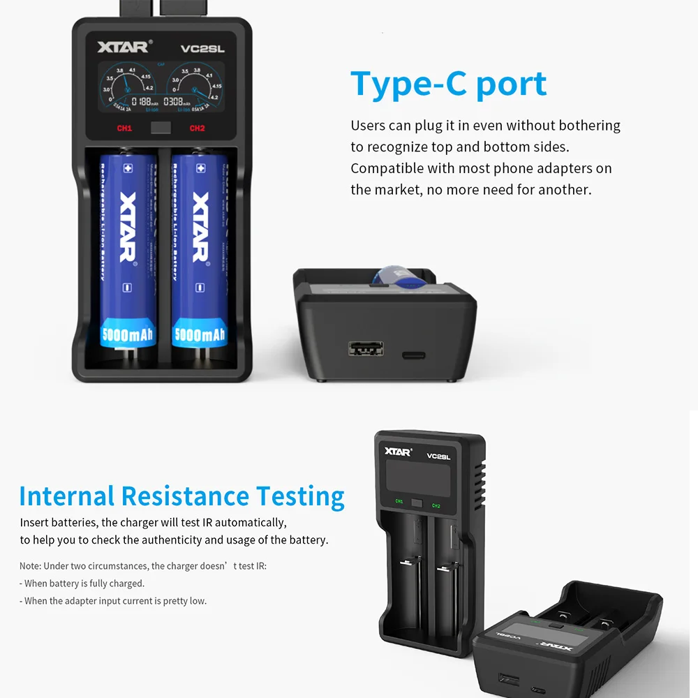 XTAR Power Bank 18650 Battery Charger VC2SL USB C Charging Rechargeable Li-ion Batteries 10400-26650 20700 21700 Battery Charger