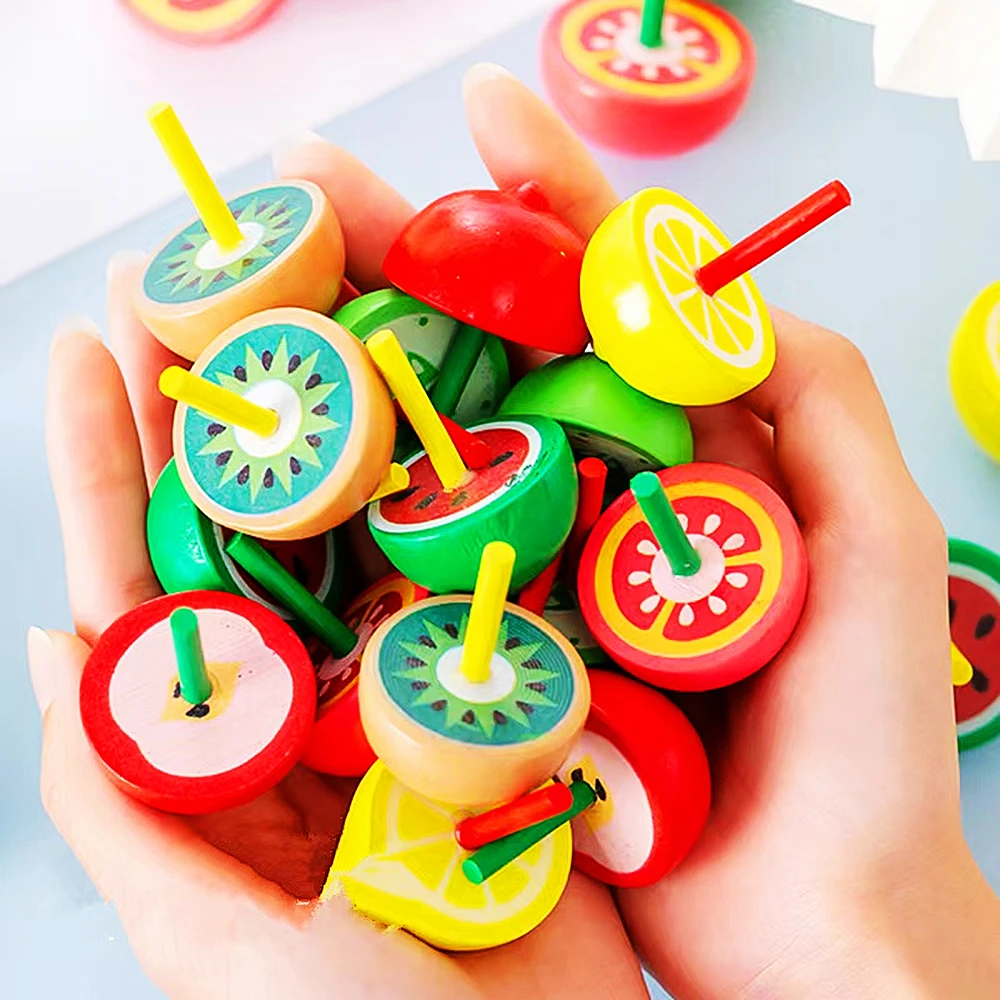 12PC Fruit Wooden Colorful Spinning Top Kids Birthday Party Gifts Candy Bag Giveaway Bulk Toy Pinata Filler Class Treasure Chest