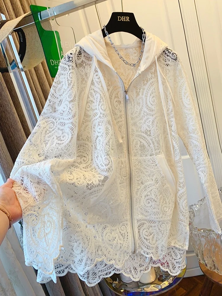 

Faionable Heavy Embroidery Lace Hollow out Hooded Open Cardigan Long Sve Women's Summer New Sle Versatile Sun Protecti...