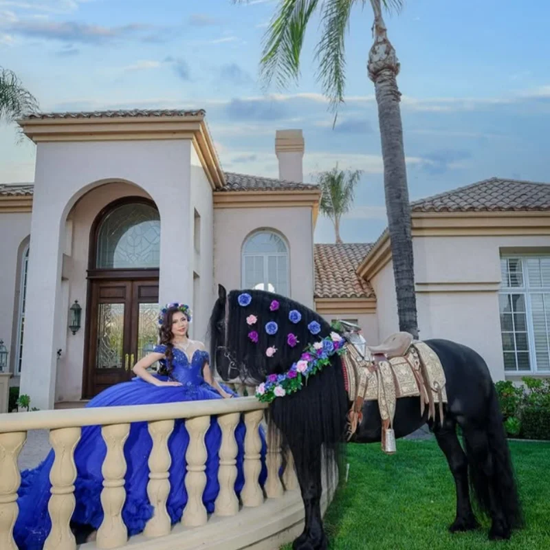 

Блестящее королевское синее платье Quinceanera с открытыми плечами, кружевная многослойная цветочная наклейка, длинный хвост, платья de 15, Quinceanera ﻿ Настроить