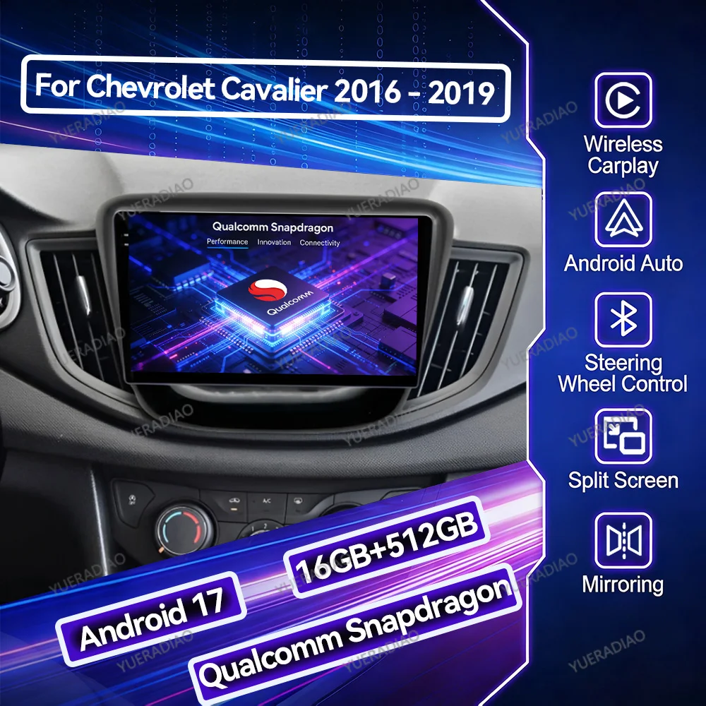Radio para Auto Android 17 para Chevrolet Cavalier 2016 2017 2018 2019 2020, Carplay Multimedia, DVD Central, Mirror Link, 4G WIFI, 2K QLED