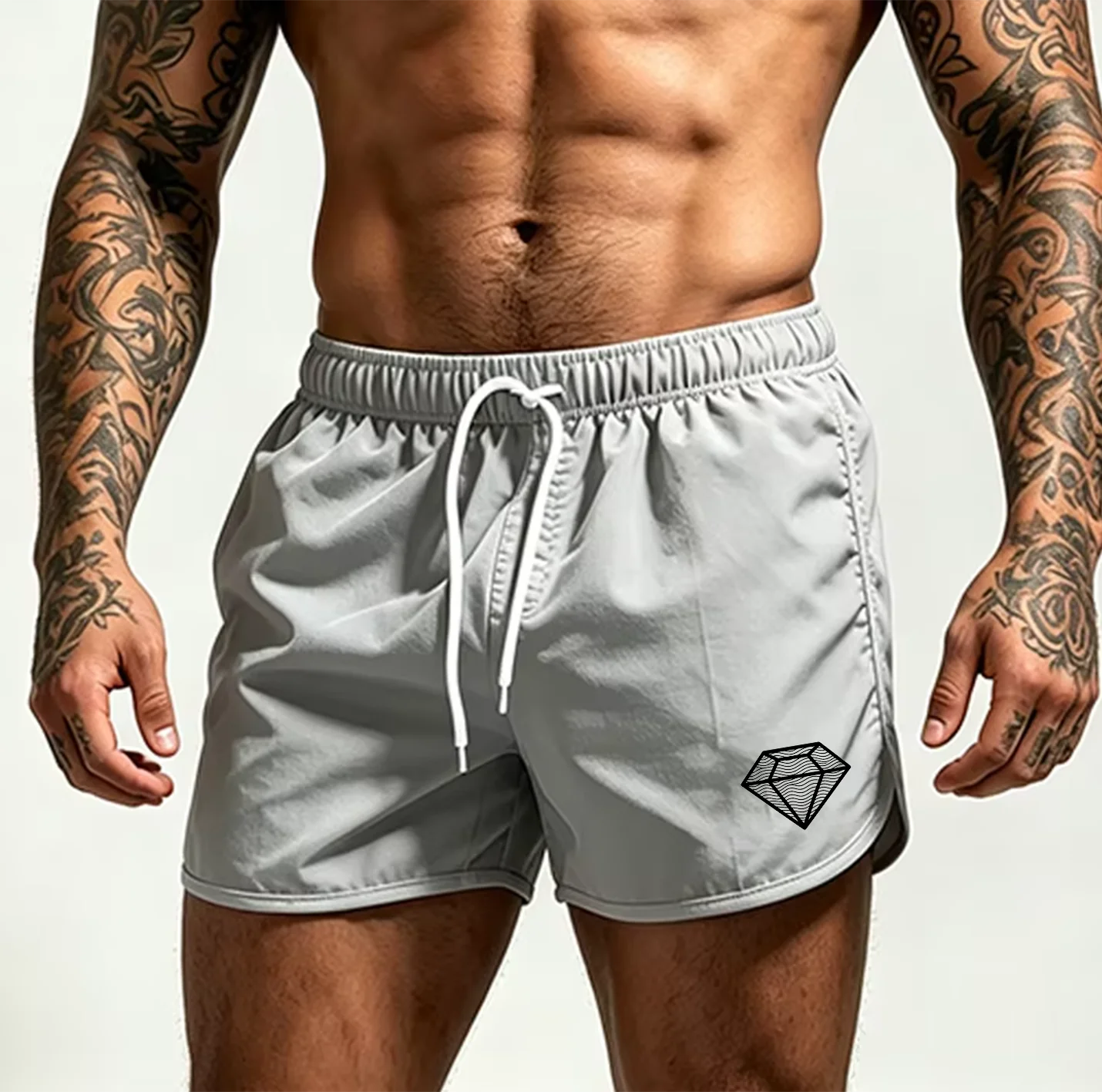 Men Quick Dry Beach Shorts Line Diamond Logo Print Elastic Drawstring Split Hem Summer Surf Swim Board Trunks-F49
