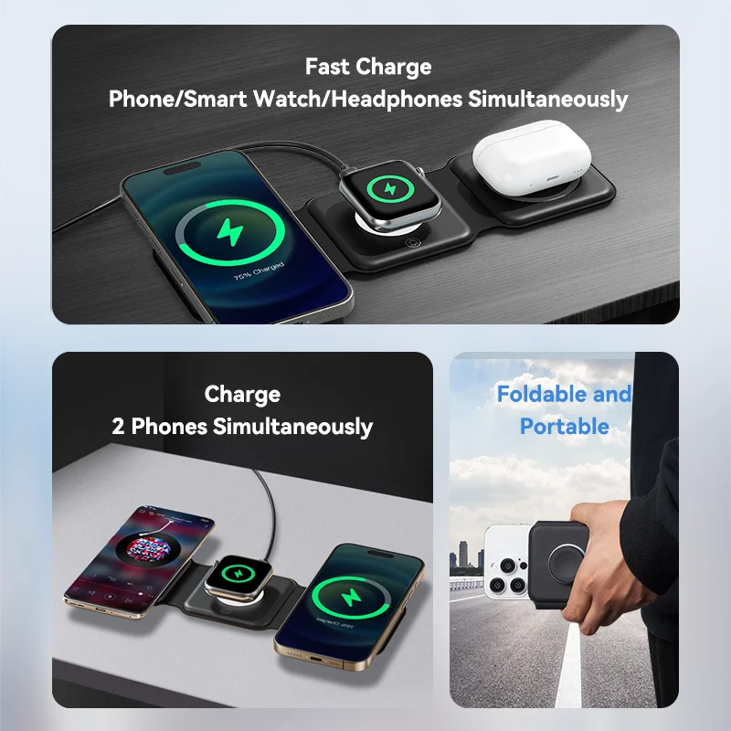 Vention 3 in 1 Magnetic Wireless Charger Stand Pad for iPhone 15 14 13 12Pro Max Airpods iWatch Fast Charging Led Dock Station