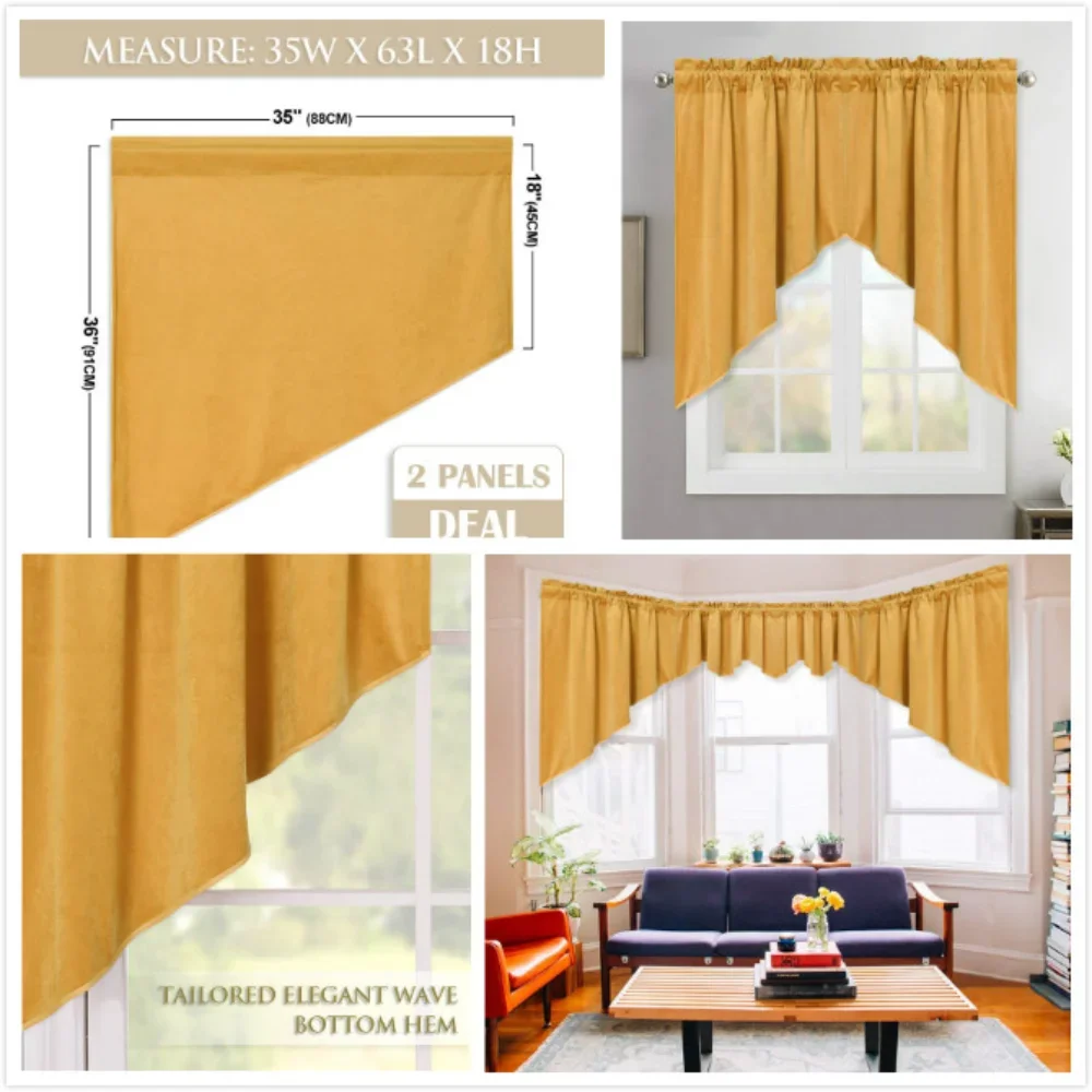 RYB HOME 1Pair Luxury Velvet Swag Valance Tailored Home Decor Thermal Insulated Half Window Curtain Drapes for Home Kitchen