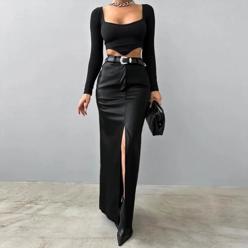 Winter Maxi Skirt Versatile High Waist Skirt Elegant Faux Leather Maxi Skirt with High Waist Slit Hem Featuring Windproof for A