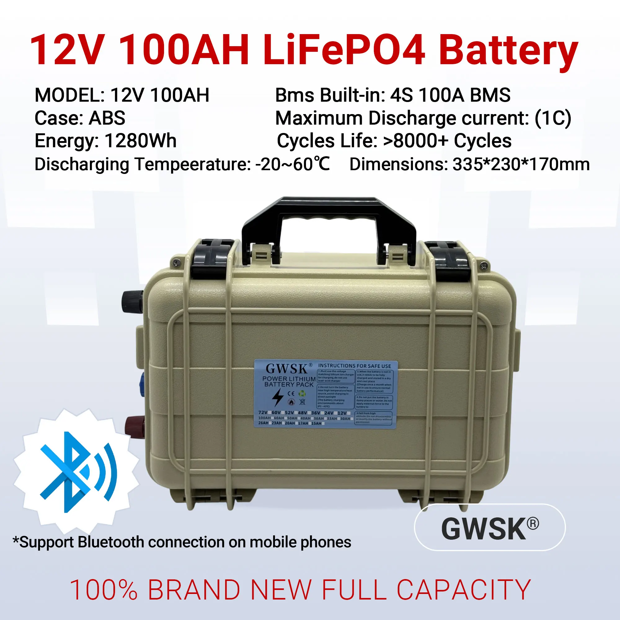 

Supports Bluetooth, 12V new lithium iron phosphate battery 100AH air freight, 100% full capacity, built-in BMS100AH