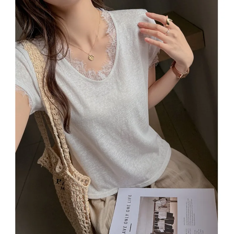 Women's Korean Lace Patch V Neck Short Sleeve T Shirts Loose Solid Thin Casual Tees Daily Outer Wear