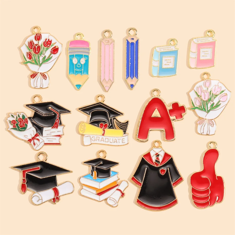 10 Stück Emaille-Blume, Doktor, Abschlusssaison, Hut-Anhänger, baumelnde Ohrringe, Halskette für Studenten, Abschlussfeier, DIY-Schmuck, Geschenke – Detail 2