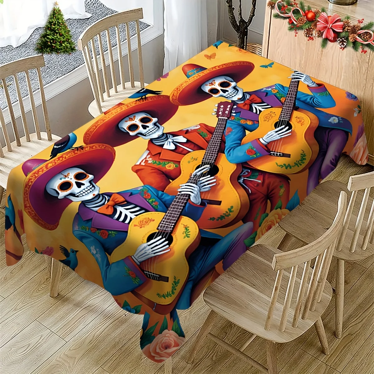 JIT - A square tablecloth featuring a design of three skeletons holding guitars on it.zyc