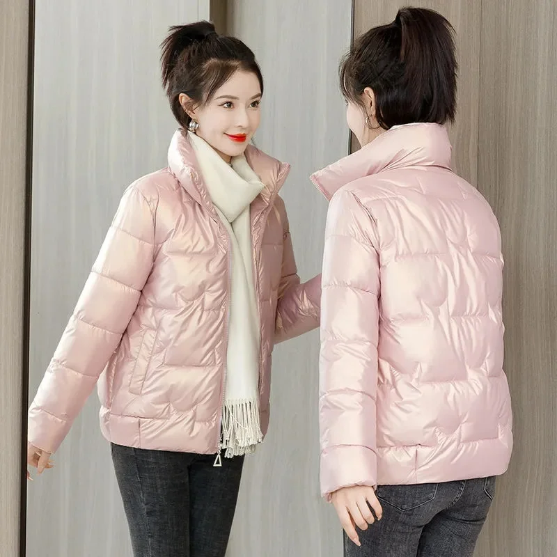 Winter Bright Cotton-Padded Jacket Female 2025 New Short Collar Down Coat Women Parkas Korean Thickened Outerwear Large Size Top