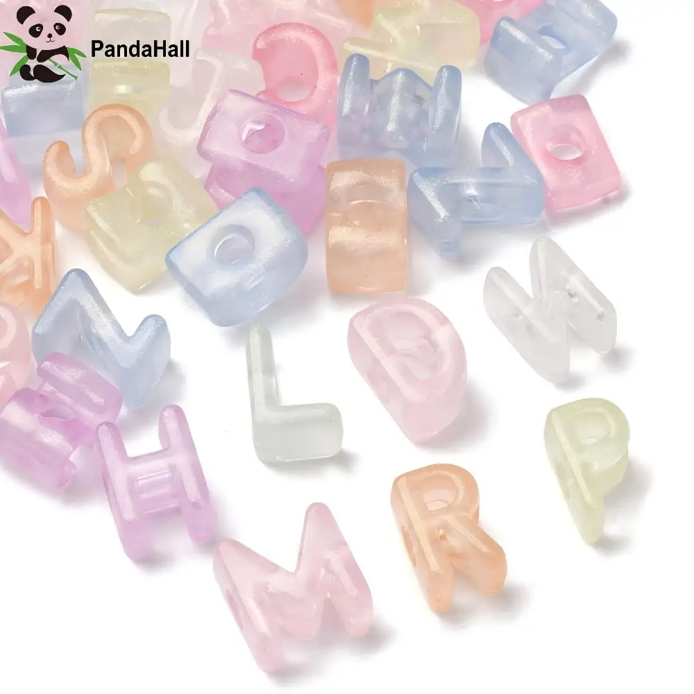 PandaHall 250pcs Random Luminous Glow in the Dark Acrylic Letter Beads, Transparent with Glitter for DIY Jewelry Making