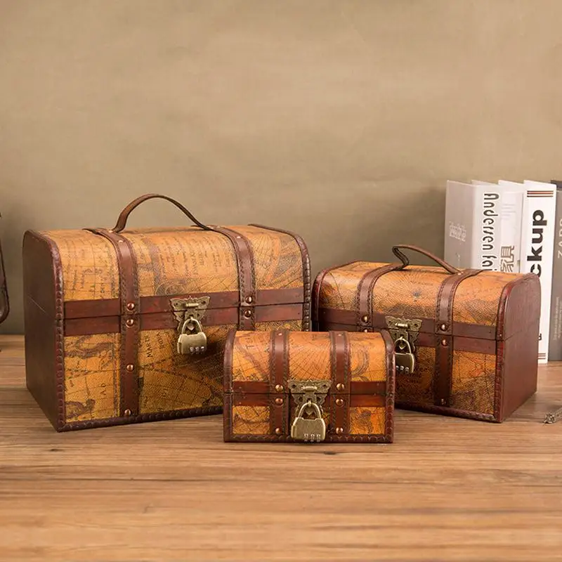 Retro Elegant Plywood Leather Pirate Jewelry Storage Box With Lock Vintage Treasure Chests For Organizer Home Decoration