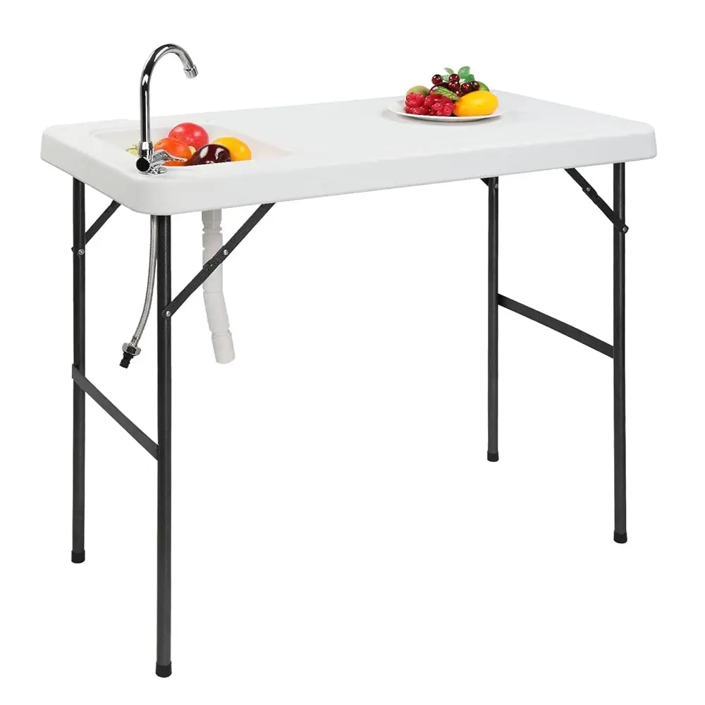 

Fish Cleaning Table, Portable Folding Camping Table, 45"" Hdpe Outdoor Fish Cleaning Station With Sink, 360° Stainl Steel