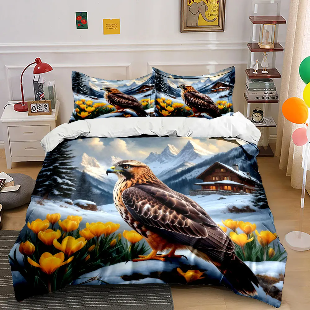 

3Pcs Red Eagle Snow Mountain Floral Duvet Cover Set, Rustic Alpine Cabin Wild Crocus Bedding, Gift