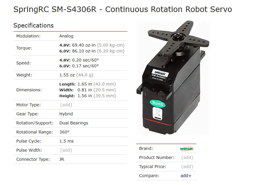 SpringRC SM-S4306R Standard Continuous Rotation 360-degree 55 RPMs 6.2 kg-cm (86.25 oz-in) Torque Servo 41g for robot