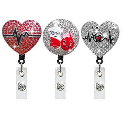 Rhinestone Heart Shape EKG Syringe Stethoscope Rotating Badge Holder Retractable Badge Reel Gift for Doctor and Nurse