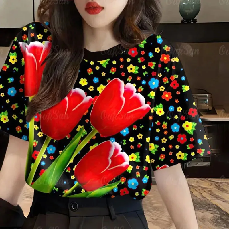 Women's Beautiful Flower 3D Prints T-Shirt Short Sleeve Tees Tops 3D Prints O-Neck Shirt Summer Casual Women's Clothing Apparel