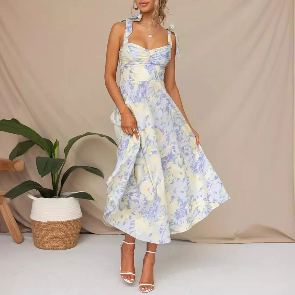 Vestido floral boêmio feminino, alça amarrada estampada, linha A Midi de férias, maxi solto casual, vestidos longos para praia, verão