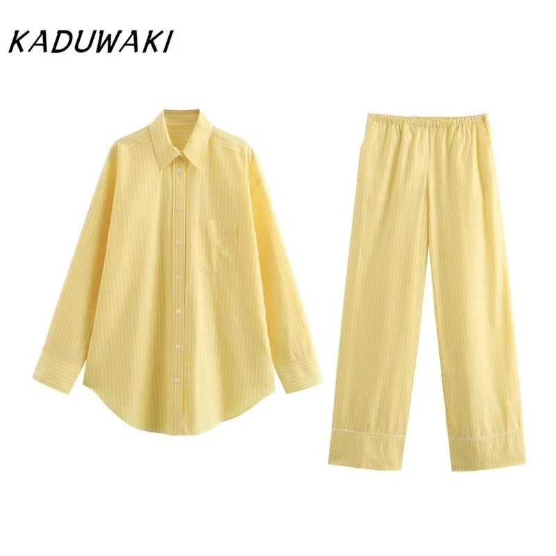 KADUWAKI American Streetwear Lapel Long Sleeve Single-breasted Casual Shirt Loose Elastic Waist Straight Pants Ins Striped Suit