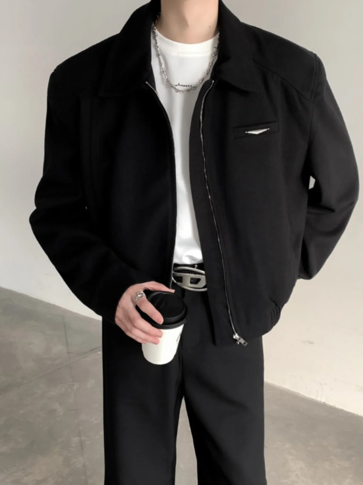 

Cleanfit ort Zipper Jaet Men's Metal oulder Pad Woolen Coat Youth Trendy Korean Sle Windproof Regular Thin