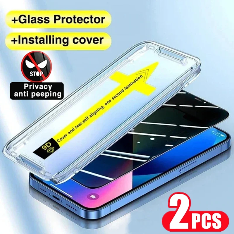 

2PCS High End Tempered Glass For IPhone 14 11 12 13 15 Pro Max 15 14 Plus Privacy Screen Protector with Alignment Mounting Cover