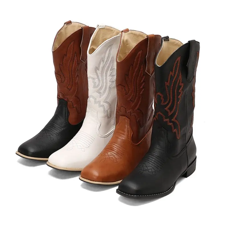 

SIMLOVEYO 2025 New Design Women Western Boots Square Toe Thick Heels Mixed Color Embroider Big Size 46 47 48 Leisure Daily Bota