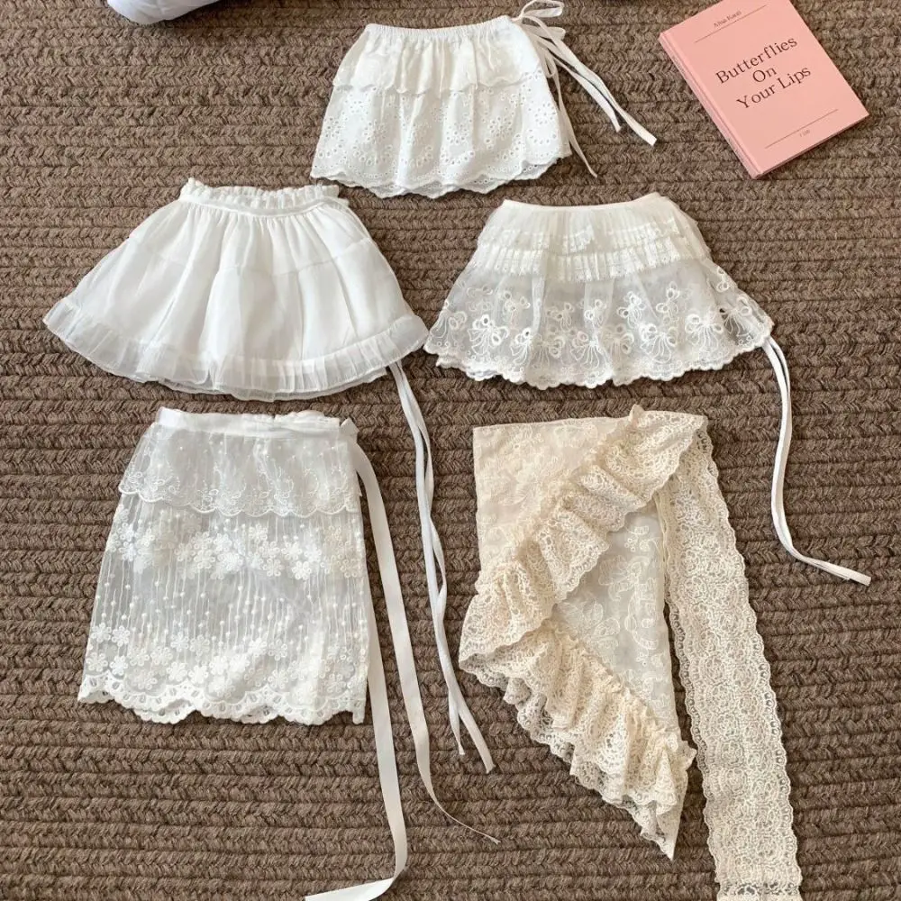 Fashion Sweet Lace Mini Skirt Flower Korean Style Gauze Skirt Lace-up Hight Waist Ruffled Edge Skirt Streetwear