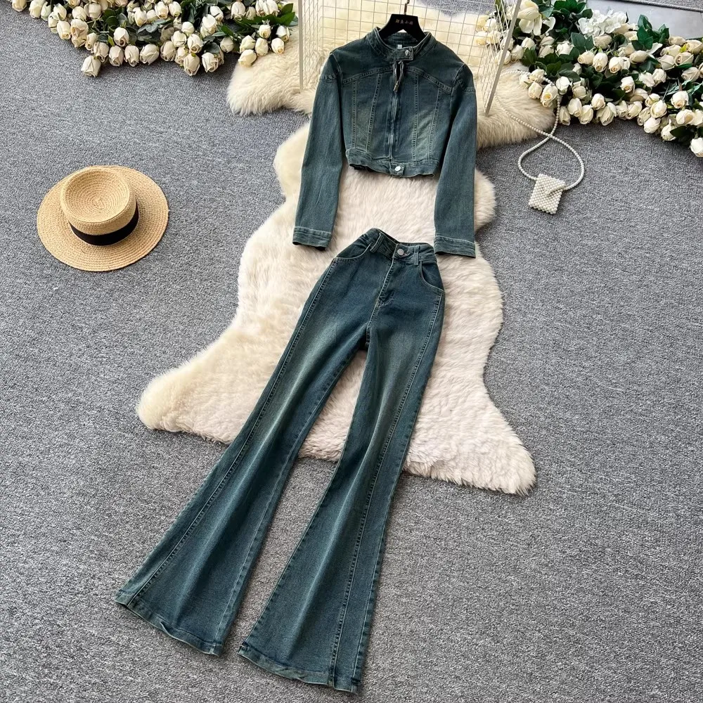 

Jacket Coat Pant Jeans Set For Women Outfit Short Denim Jacket + High-Waist Fit And Flares Trousers Two Pieces Suits