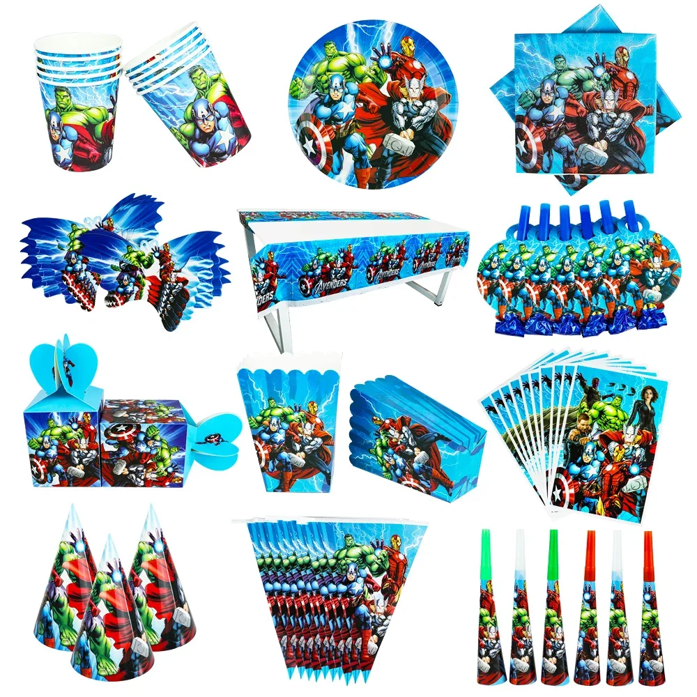 Iron Man Thor Hulk Hawkeye Ant-Man Avengers Birthday Party Balloon Set Disposable Party Utensils Baby Shower Napkins Flag Hat