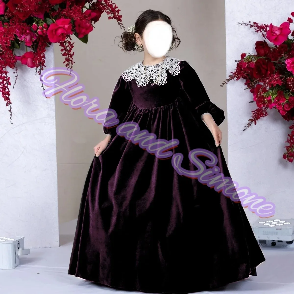 Großhandel Mädchenkleider mit Viertelärmeln, Spitzenkragen, Hochgeschnittener Taille, Samt-Blumenmädchenkleid für Hochzeitszeremonien, Formell, Maßanfertigung – Detail 2