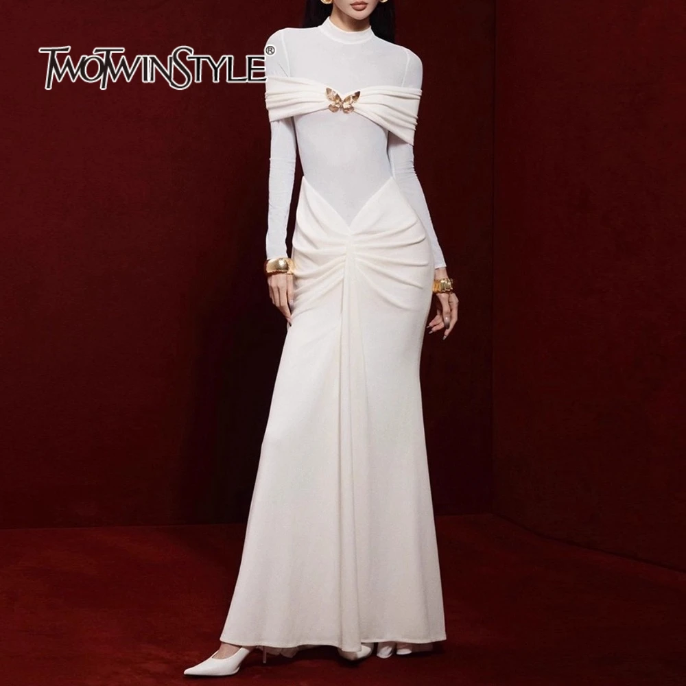 

TWOTWINSTYLE Slimming Spliced Folds Elegant Dresses for Women Stand Neck Long Sleeves Patchwork Metal Butterfly Dress Female New