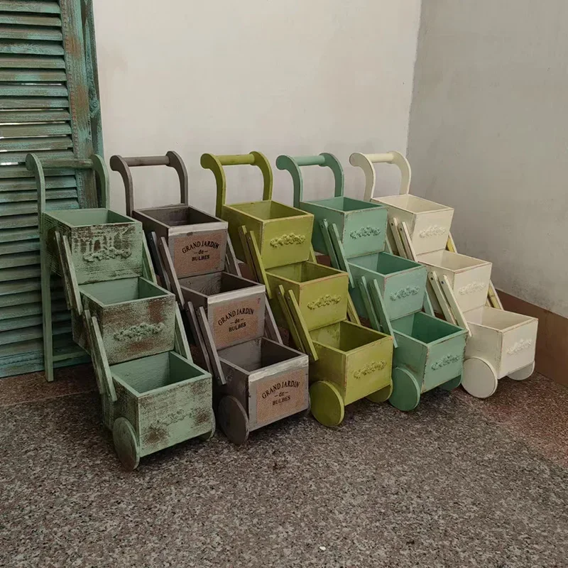 American country old solid wood mini trolley garden groceries succulent flower pots flower ladders window desktop decoration