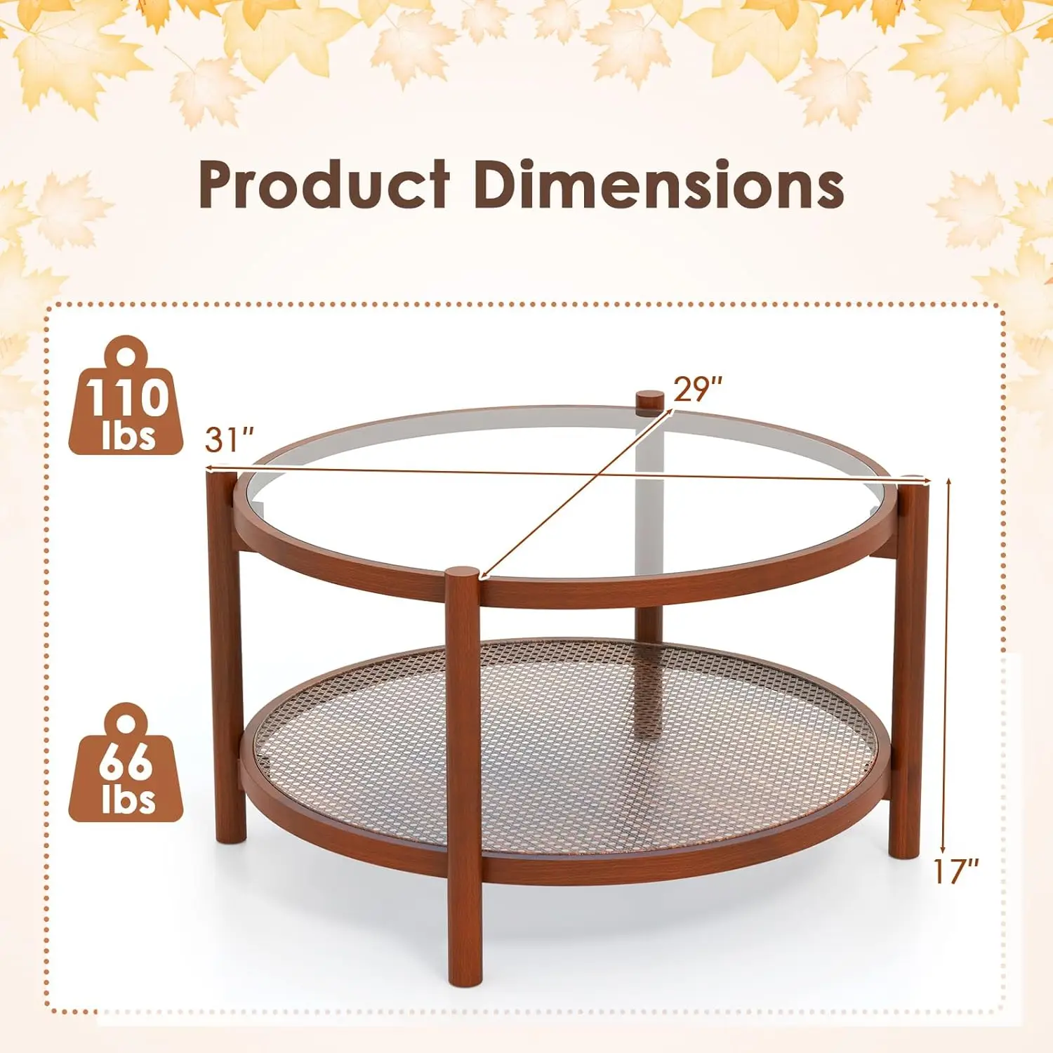 Boho 2-Tier Round Rattan Coffee Table - Glass Top with PE Rattan Storage Shelf & Wood Frame,