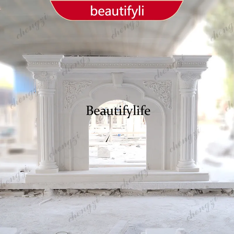 02A Marble fireplace stone carving European Roman column white marble French decorative mantel custom