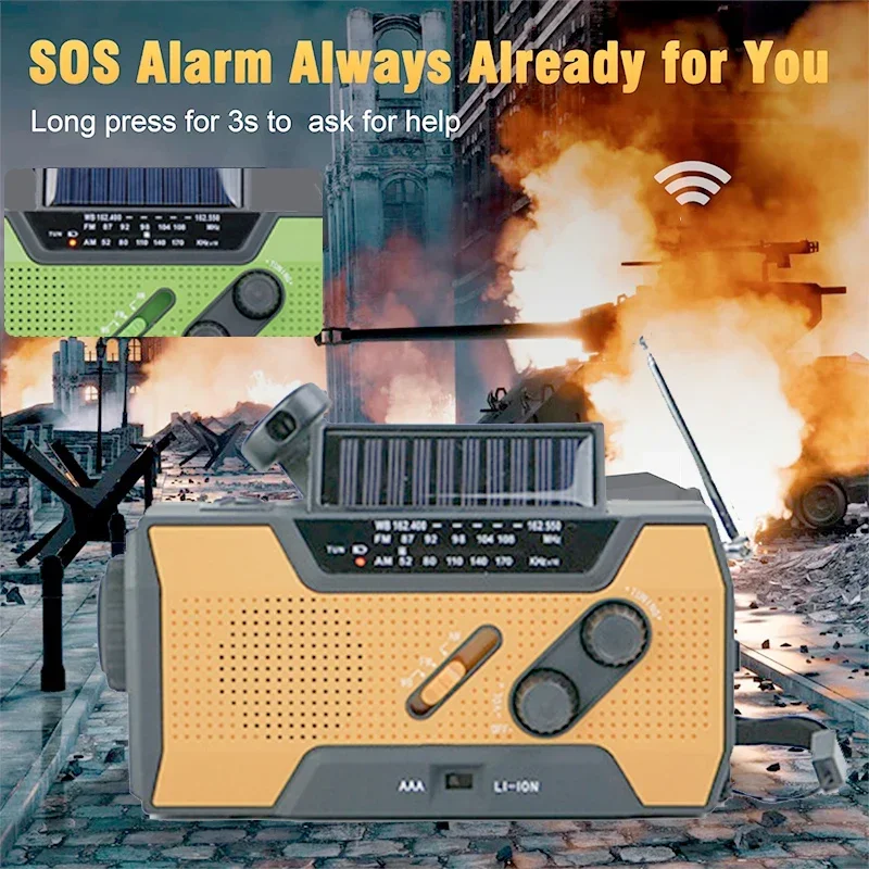 Emergency Weather Radio AM FM USB Solar Manual Crank Charging Portable 2000mAh Battery Powered SOS Alarm Flashlight