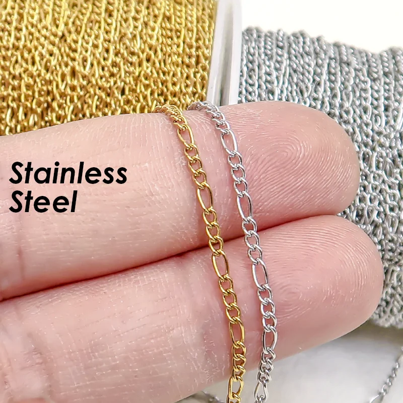 Edelstahl-Figaro-Kette im Großhandel für Schmuckherstellung, anlaufgeschützte PVD-Gold-Edelstahlkette als Meterware auf Rolle. – Detail 1