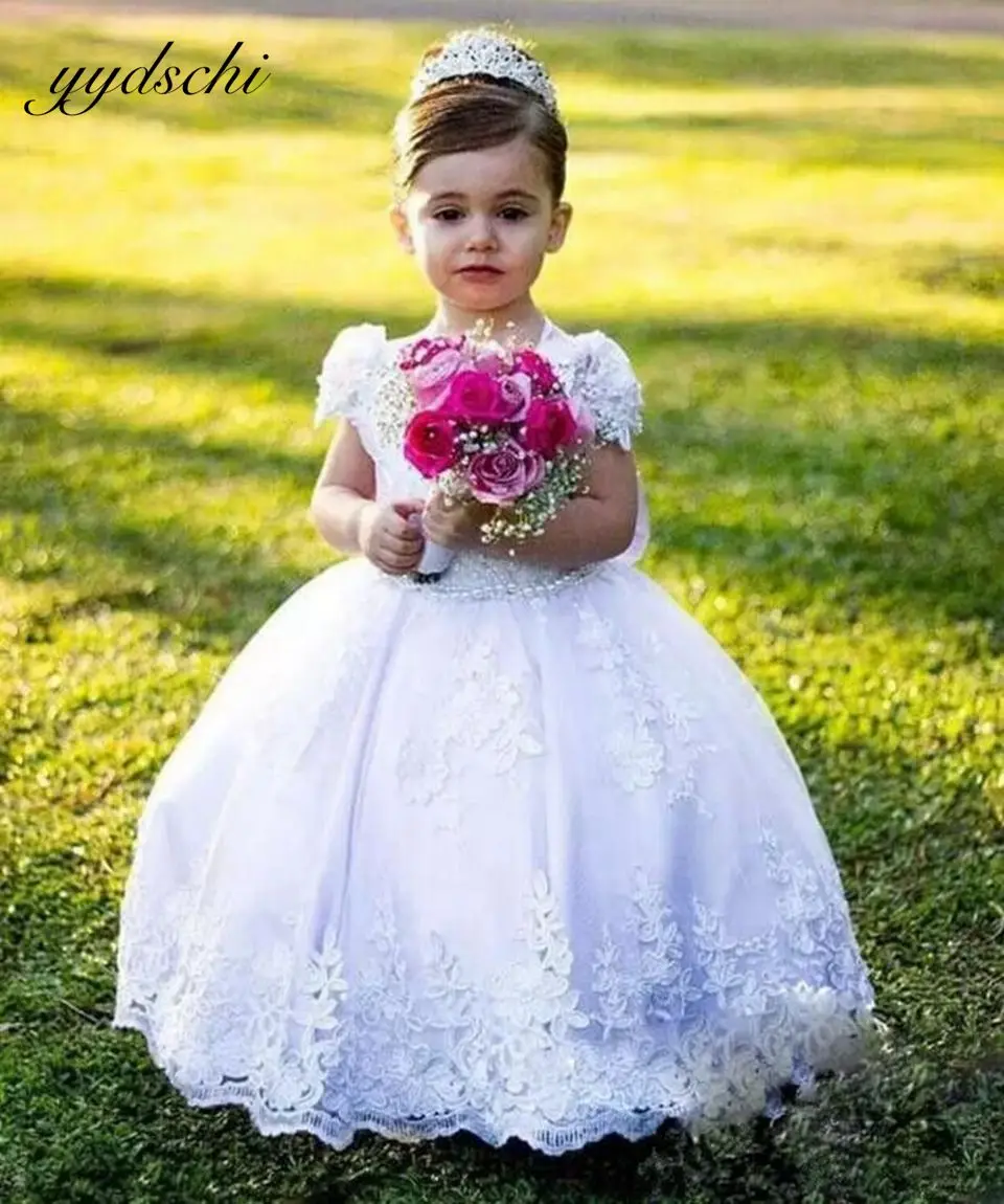 Elegant White Flower Girl For Wedding Dresses 2023 Lace Appliques Sleeveless Princess Fluffy First Communion Party Gown With Bow