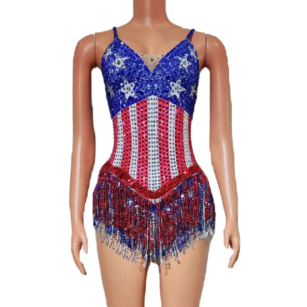 Sparkly Rhinestones Sequins Tassels Slip Bodysuit for Women Sexy Performance Dance Costume Singer Dancer Leotard Nightclub Wear