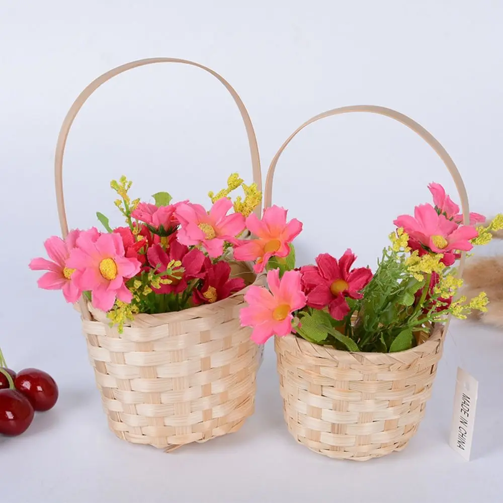 Mini Braid Flower Baskets Yellow with Handle Handheld Baskets Party Supplies Accessories Flower Arrangement Basket Bedroom