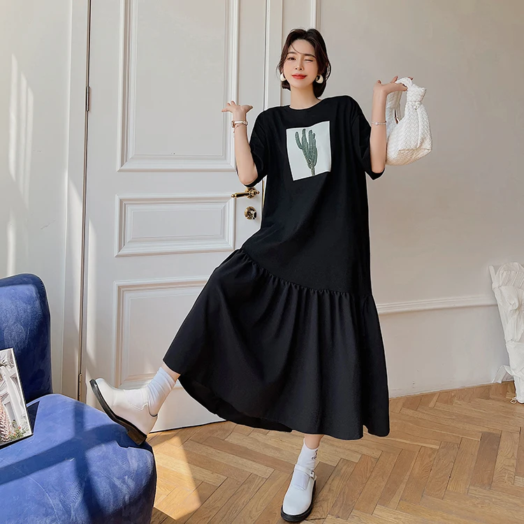 T-shirt coupe ample pour femmes, longueur aux genoux, jupe trapèze, ort Sve, ourlet Patchwork, rue, tricoté, été 2024