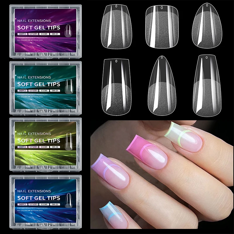 **240 PCS False Nail Tips Soft Gel Fingertip Semi-matte Capsules Almond French Coffin Full Cover Artificial Fake Nails Extension