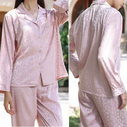 Female Long Sleeve Trouser Pajamas Set Sexy Pink Leopard Ice Silk Sleepwear Loungewear Spring Autumn Casual Ice Silk Homewear